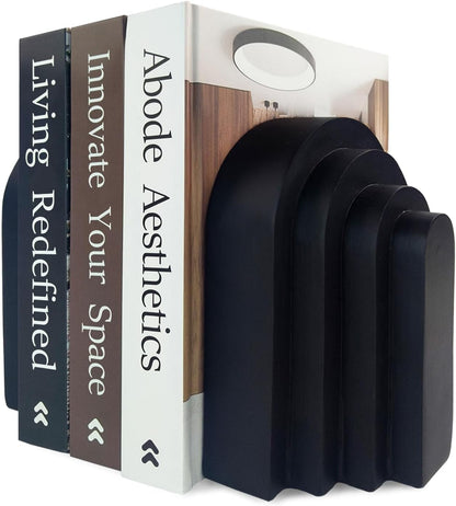 Book Ends for Heavy Books, Resin Decorative Bookends, Heavy Duty Bookend for Shelves, Book Stopper for Shelves, Modern Home Decor Aesthetic Book Ends, Layered Arch Design Set of 2(Matte Black)8