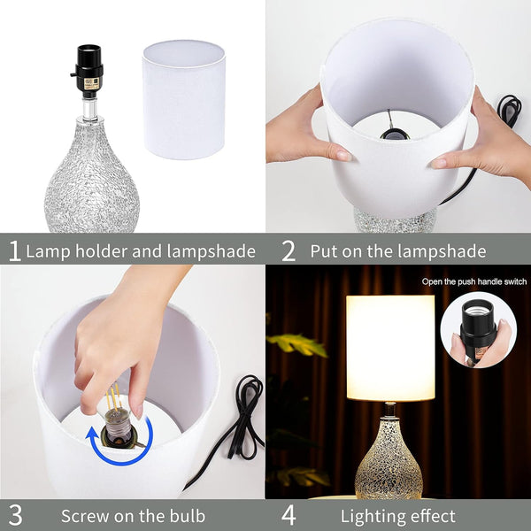 Modern Table Lamps Set of 2, Mirror Silver Gourd Design Mosaic Tiled Glass 17.5" Bedside Lamp, for Bedroom Living Room and Office Desk Nightstand Table Lamp7