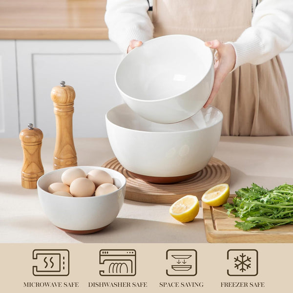 Ceramic Mixing Bowls, Large Serving Bowls for Mixing, Cooking, Prepping, Baking, Salad, Soup, Pasta, Nesting Bowls Set of 3, 46/80/140 Oz, Oven, Microwave and Dishwasher Safe, Series TARA4