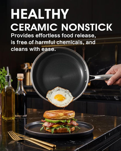 Stainless Steel Non Stick Frying Pan with Lid - PFOA Free | Induction Compatible | Oven & Dishwasher Safe | Stay Cool Handle | Versatile for All Stovetops | Gift2