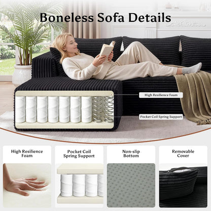 Boneless Couches for Living Room, L Shape Modular Sectional Sofa with Chaise, Corduroy Cloud Couch with Deep Seat, No Assembly Required, Black, Left Facing Chaise7