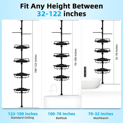 32-122Inch Corner Shower Caddy Tension Pole Black, Rustproof Drill-Free Shower Shelves for Bathroom Bathtub Washbasin, Adjustable Shower Organizer with 4 Tier Patent Stable Shelves & Towel Bars2