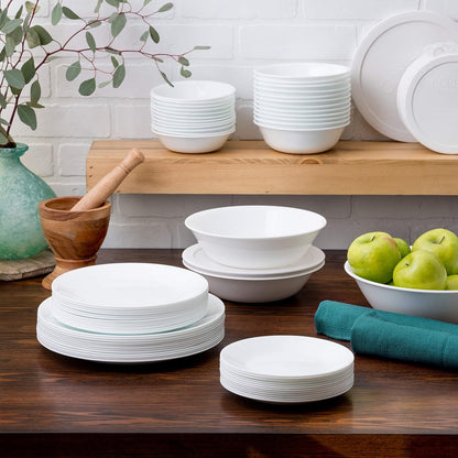 Vitrelle 78-Piece Service for 12 Dinnerware Set, Triple Layer Glass and Chip Resistant, Lightweight round Plates and Bowls Set, Winter Frost White6