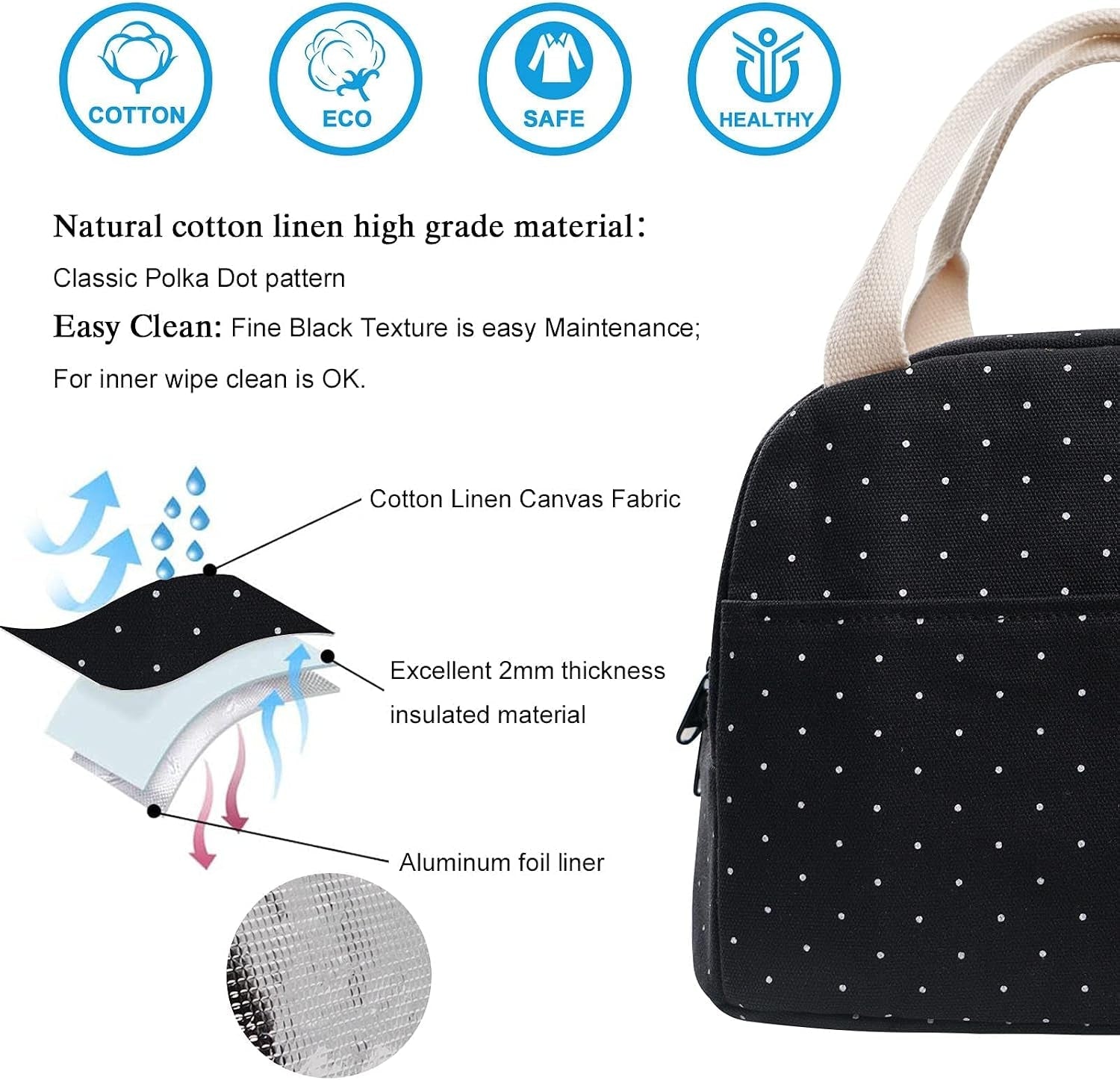 upgraded-compact-black-lunch-bag-for-girls-women-canvas-reusable-insulated-polka-dot-lunch-tote-box-bag-for-work-school