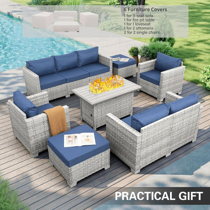 Patio Furniture Set 7 Piece Grey Wicker Outdoor Conversation Sets PE Rattan Sectional Sofa with Propane Fire Pit Table and Anti-Slip Navy Blue Cushion2