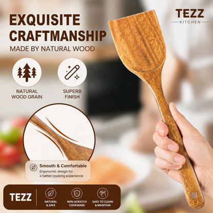 Wooden Spatulas, 2 Pcs Natural Acacia Wooden Cooking Utensils Set for Non-Stick Pan Kitchen Tool, Flipping and Wok Spatula, Wooden Spoons & Spurtle for Cooking6