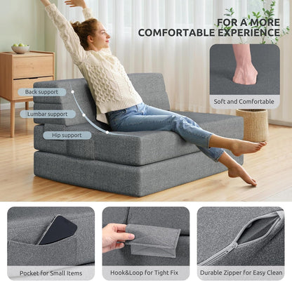 Folding Sofa Bed Queen, 6 Inches Foam Floor Sofa and Folding Mattress with Washable Cover, Fold Out Couch for Guests, Camping and Travel, Dark Gray, 80" X 60" X 6"5