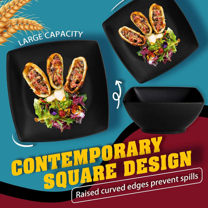 24-Piece Plates and Bowls Sets for 6, Black Square Dinnerware Sets5