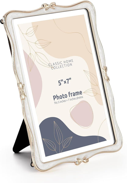 Metal Bow Picture Frame 5X7 Photo Frames with High Definition Glass Front Gift Ideas Tabletop Home Decorative, Gold & White2