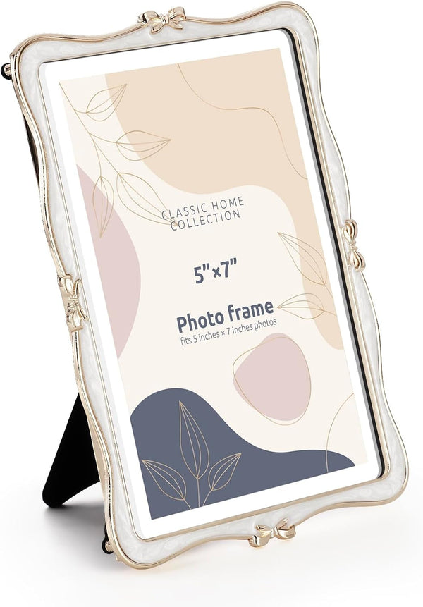 Metal Bow Picture Frame 5X7 Photo Frames with High Definition Glass Front Gift Ideas Tabletop Home Decorative, Gold & White2