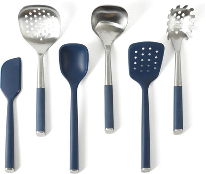 Edge 6-Piece Stainless Steel and Silicone Kitchen Tool Set, Kitchen Utensil Set, Scraper, Skimmer, Spoon, Ladle, Turner, Pasta Server, Heat Resistant Nonstick Safe Cooking Utensils (Navy)1