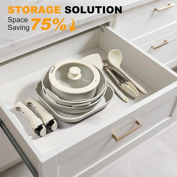 Pots and Pans Set Non Stick 20PCS, Ceramic Cookware Set Detachable Handle Non Toxic Stackable Kithchen Set, Dishwasher Oven Safe Induction Compatiable Frying Pans Pots Skillets, White6