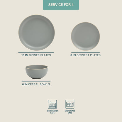 Rockaway 12-Piece Stoneware Dinnerware Set, Matte Finish, Service for 4, Modern Ceramic Plates and Bowls, Microwave & Dishwasher Safe – Soft Gray - Service for 42