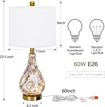 Modern Coastal Table Lamps Set of 2, Natural Mother of Pearl Tiles 23.5" Bedside Lamp, for Bedroom Living Room Home Nightstand Table Lamp(With USB C+A 5V 2.1A Charging Ports)6
