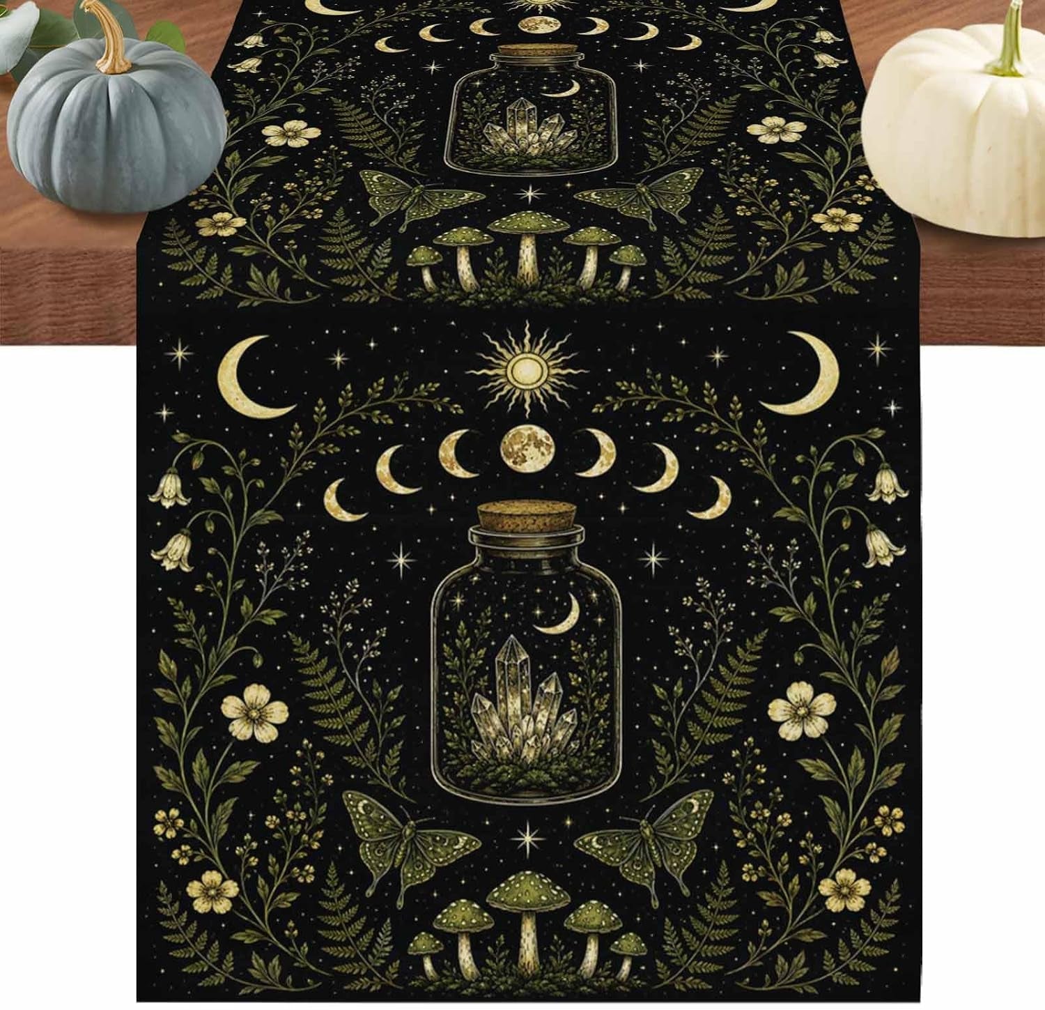 mystic-black-table-runners-72-inches-long-cotton-linen-fabric-table-runner-dresser-scarf-butterfly-golden-sun-moon-stars-flowers-leaves-tablerunner-for-party-kitchen-dinner-wedding-decor-13x72