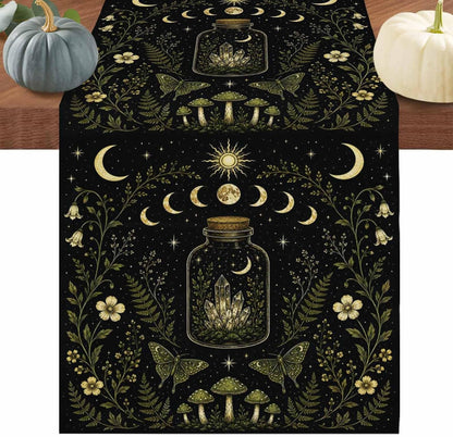 Mystic Black Table Runners 72 Inches Long, Cotton Linen Fabric Table Runner Dresser Scarf, Butterfly Golden Sun Moon Stars Flowers Leaves Tablerunner for Party/Kitchen/Dinner/Wedding Decor 13"X72"1