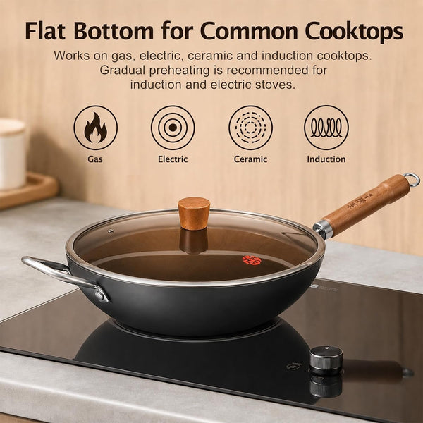Carbon Steel Wok with Lid, 12.6 Inch Flat Bottom Wok Pan, Uncoated Stir Fry Pan with Wooden Handle, Chinese Wok for Gas, Electric, Induction & Ceramic Stoves | Uncoated Stir Fry Pan with Wooden Handle for Gas, Electric, Induction & Ceramic Stoves4