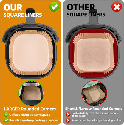 Air Fryer Paper Liners for 4 Qt / 5 Qt / 6 Qt (8.3'' on Top) | Compatible with Ninja/Chefman/Cosori/Instant Pot and Other 4Q-6Qt Airfryer, Thickened Square Disposable Liner5