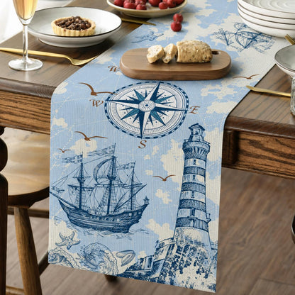 Coastal Nautical Table Runner, Teal Blue, 13" X 71", Nautical | Linen Farmhouse, Coffee Table Runner, Kitchen Dinner, Ocean Nautical Decor1