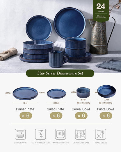 Star Stoneware Dinnerware Sets with Pasta Bowls, 24Pc Dishes for 63