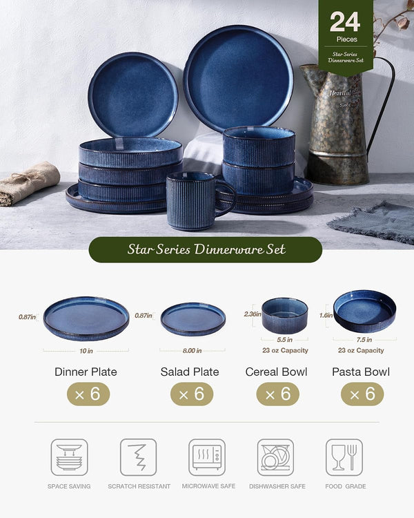 Star Stoneware Dinnerware Sets with Pasta Bowls, 24Pc Dishes for 63