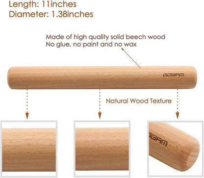 Wood Rolling Pin, Small - Dough Roller for Pasta, Cookies, Pie, Pizza, Chapati, Fondant, Rolling Pins for Baking, Bread Making Tools and Supplies - 11 X 1.38 Inches2