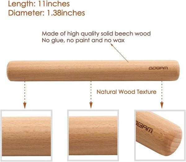 Wood Rolling Pin, Small - Dough Roller for Pasta, Cookies, Pie, Pizza, Chapati, Fondant, Rolling Pins for Baking, Bread Making Tools and Supplies - 11 X 1.38 Inches2