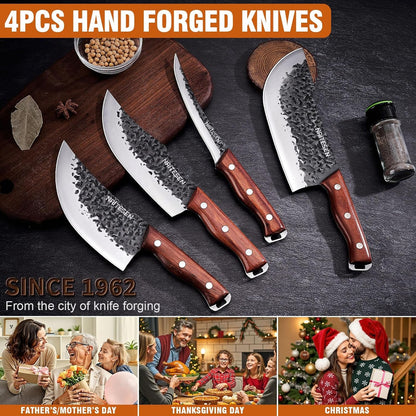 4PCS Butcher Knife and Kitchen Knife Set with Gift Box | Hand Forged Heavy Duty Meat Cleaver, Meat Knife, Serbian Chef Knife, Boning Knife Very Sharp for Meat Cutting Cooking BBQ7