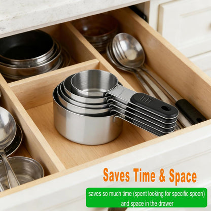 Magnetic Handles 5 Piece Stainless Steel Measuring Cups, Black, Kitchen Gadgets for Measure Liquid and Dry Ingredients, Cooking & Baking6