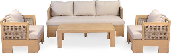 Mason 4 Piece Patio Furniture Set with 3-Seater Sofa, Club Chairs and Coffee Table, 5 Seater Outdoor Acacia Wood Conversation Set, Patio Sofa Set, Light Teak+Light Brown+Beige5