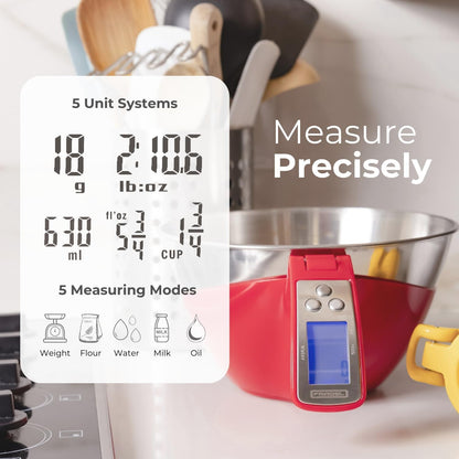 Digital Kitchen Food Scale with Bowl - 11Lb, Grams & Ounces - Removable, Dishwasher-Safe Mixing Bowl - Red3