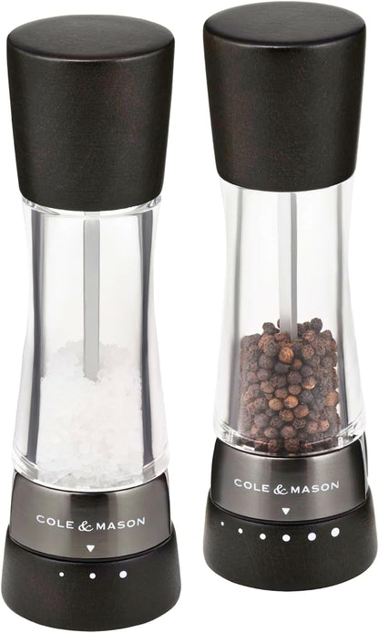 Cole & Mason H332293 Derwent Black Wood Salt and Pepper Mills, Gourmet Precision+, Adjustable Grind, Stained Beech/Acrylic, 190 Mm, Gift Set, Includes 1 Salt and 1 Pepper Grinders | with 9 Precise Grinding Levels for Fine or Coarse Granules, Easy-To-Refill, Gourmet Precision Grinders for Fresh Spices1
