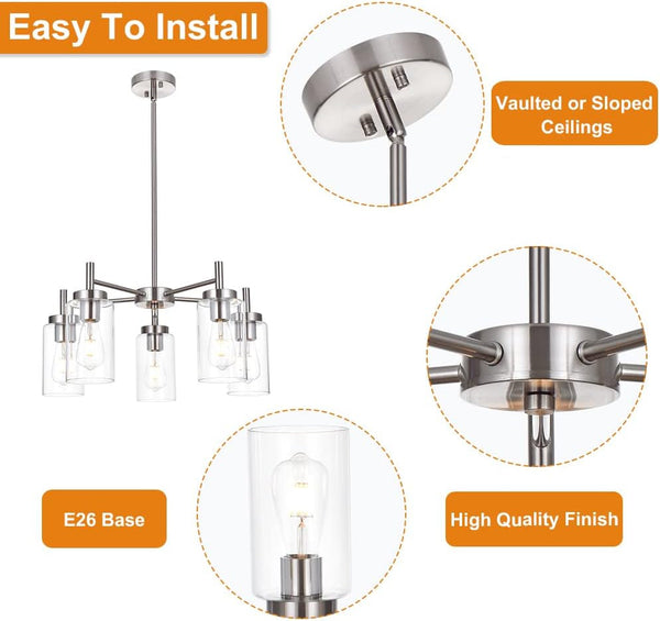 Contemporary 5 Light Large Chandeliers Modern Clear Glass Shades Pendant Lighting Brushed Polished Nickel Dining Room Lighting Fixtures Hanging Adjustable Wire Semi Flush Ceiling Lights5
