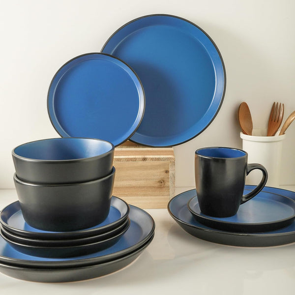 Stone Lain Albie Stoneware 16-Piece Modern Dinnerware Set, Kitchen Plates and Bowls Sets, Service for 4, Blue and Black, Microwave & Dishwasher Safe3