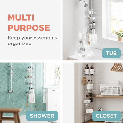 Tension Pole Shower Caddy Corner Organizer, Adjustable Standing Shower Caddy with 4 Baskets and Built in Towel Bar, Rust Resistant Bathroom Tension Rod Organizer, 60 to 97 Inch, Chrome7
