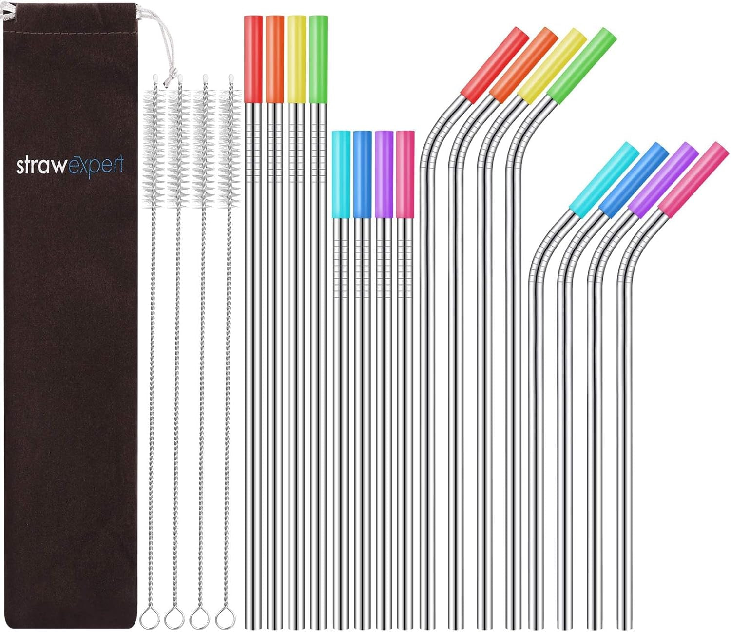 set-of-16-reusable-stainless-steel-straws-with-travel-case-cleaning-brush-silicone-tips-eco-friendly-extra-long-metal-straws-drinking-for-20-24-30-oz-tumbler-silver