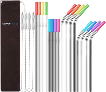 Set of 16 Reusable Stainless Steel Straws with Travel Case Cleaning Brush Silicone Tips Eco Friendly Extra Long Metal Straws Drinking for 20 24 30 Oz Tumbler, Silver1