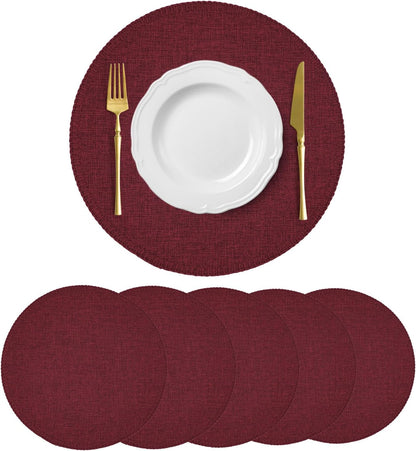 Round Placemats Set of 6, 15 Inch Linen Fabric Table Placemats, Heat Resistant, Wrinkle Free Washable Placemats Kitchen Place Mats Set of 6 for Dining Table Party Table (Wine Red, 6)1
