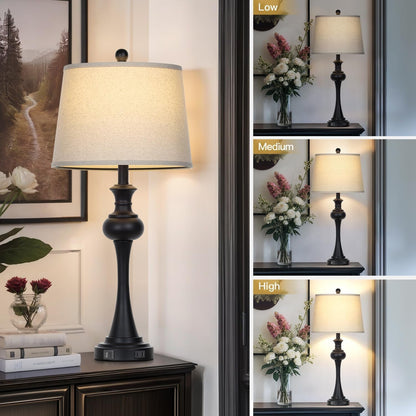 28.75" Black Modern Table Lamps for Living Room, Bedside Lamp with USB A+C Ports & AC Outlets, 3 Way Dimmable Touch Lamps for Living Room,Nightstand Lamp LED Bulb Included (1Pack4