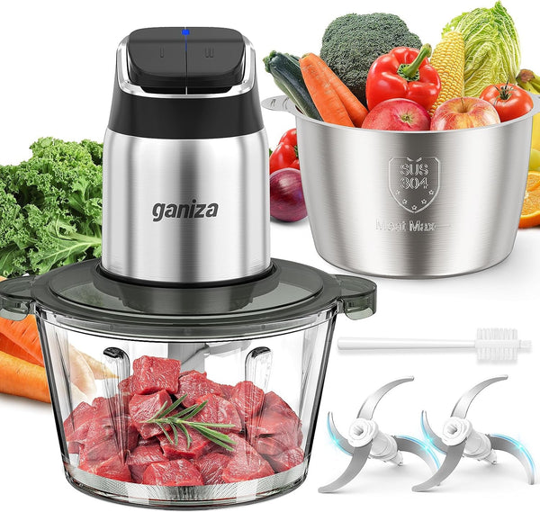 Food Processor with Dual Bowls, 2-Speed Food Chopper & Meat Grinder | 8Cup Stainless & 8Cup Glass Bowls, Upgraded Button & Smart Overheat Protection Light - Includes Clean Brush, 2 Sets of Blades1