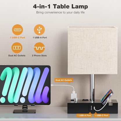 Beige Bedside Table Lamps Set of 2 - Dimmable, USB C+A, 2 AC Outlets3