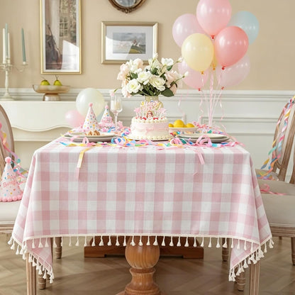Pink Gingham Tablecloth Rectangle 55 X 75 Inch, Washable Checkered Plaid Table Cloth Heavy Duty Linen Cotton Fabric for Mothers Day Outdoor Picnic Party Freshly Graduated2