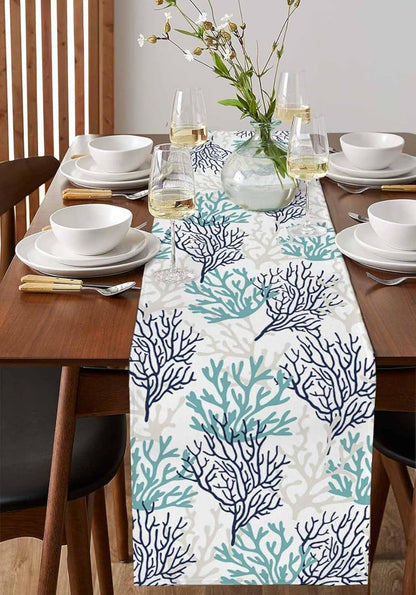 Tropical Coral Cotton Linen Rectangle Table Runners, Summer Coastal Kitchen Table Cloth Scarves, Beach Seaside Nautical Luxury Coffee Table Runner (Teal Blue Grey Coral,13X120 Inch)4