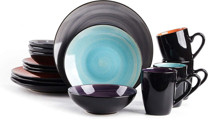 Sonoma 16 Piece Stoneware Dinner Set, Samoa, outside Black + inside Hand Painted Combi Colors of Grey, Orange, Purple and Turquoise) with Speckle1