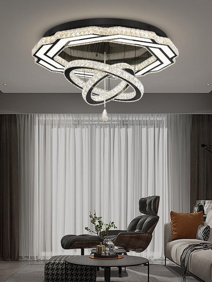 Large Crystal Chandelier Dia 48" Black Ring Crystal Chandelier Flush Mount Ceiling Light for Living Room Foyer Hallway Dimmable LED 3 Rings Celing Lighting8