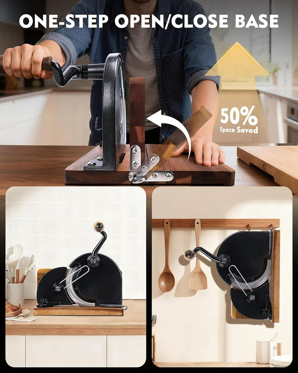 Foldable Manual Bread Slicer, Adjustable Slice, Hand-Cranked Bread Slicer with Ergonomic Handle, Hand Crank Cutter, Durable Aluminum Alloy Body and Sturdy Solid Wood Base-Black9