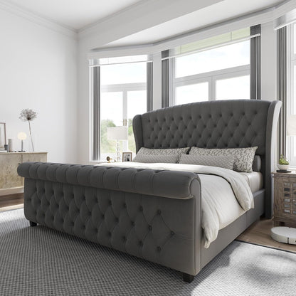 California King Upholstered Sleigh Bed Frame with Headboard1