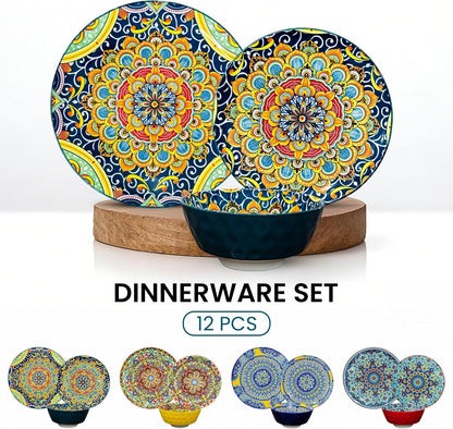 12 Pieces Dinnerware Sets, Ceramic Plates and Bowls Set, Microwave and Dishwasher Safe, Scratch Resistant, Bohemian Style Dishware Set, Service for 44