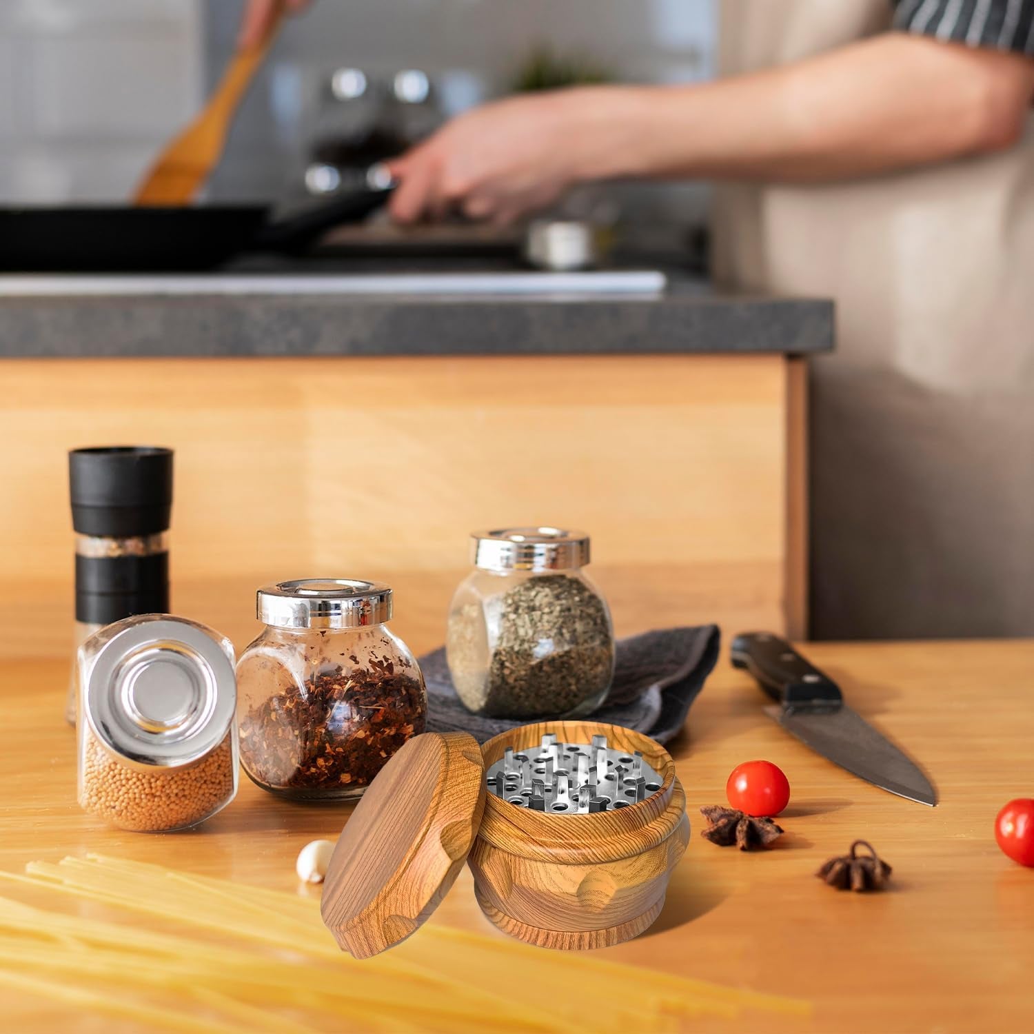 manual-kitchen-spice-grinder-aluminum-seasoning-grinder-for-pepper-chili-rosemary-dried-culinary-spices-durable-metal-construction-compact-kitchen-tool-natural-wood-color