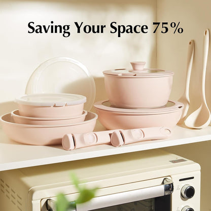 Pans and Pots Set Nonstick, Ceramic Cookware Set with Detachable Handles 16Pcs, Induction Dishwasher Oven Safe Kitchen Cooking Set, PFAS PFOA & PTFE Free, Pink4